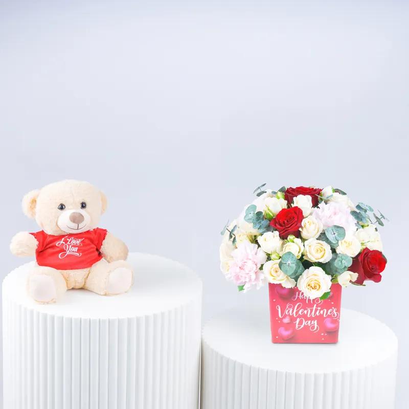 Valentine Flower Arrangement and I Love You Teddy - Gift Sets gift from Buy Any Flowers Dubai in Al Quoz Industrial Area 4, Dubai, UAE