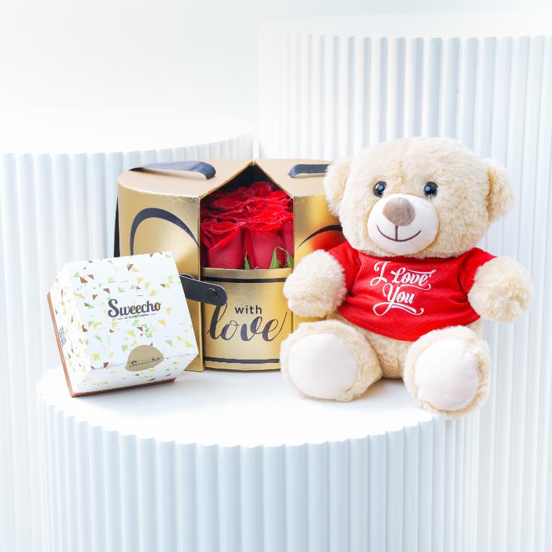 Golden Memories Red Roses Love Box Trio - Flowers gift from Buy Any Flowers Dubai in Al Quoz Industrial Area 4, Dubai, UAE