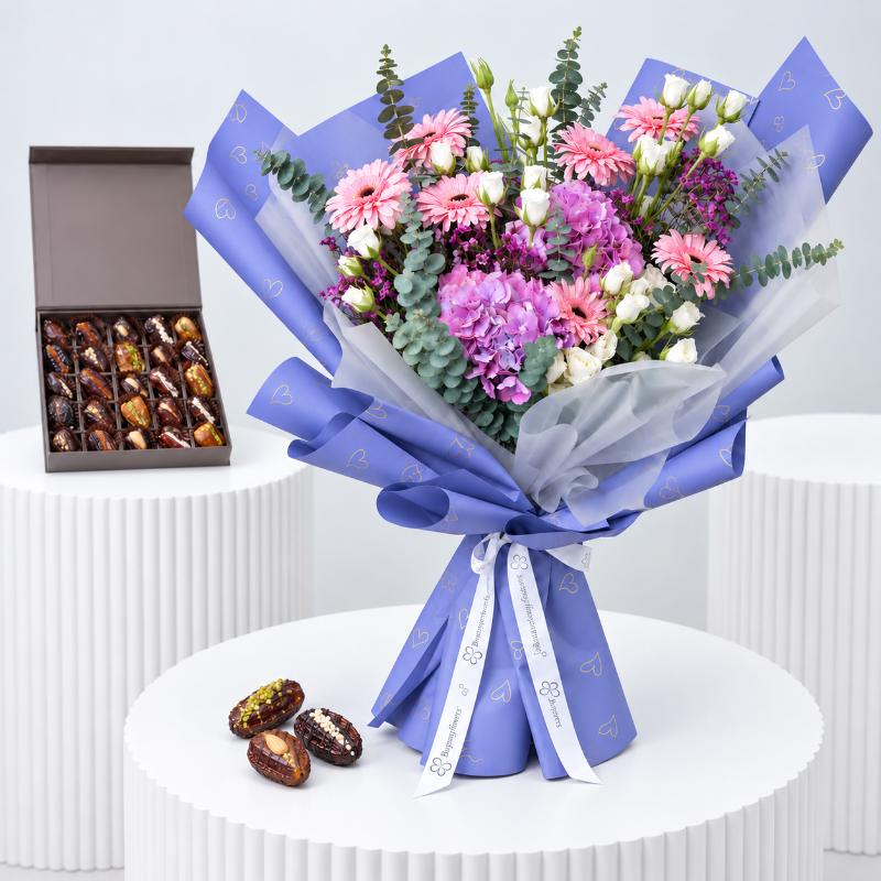 Purple Blush Flower Bouquet With Dates - Flowers gift from Buy Any Flowers Dubai in Al Quoz Industrial Area 4, Dubai, UAE