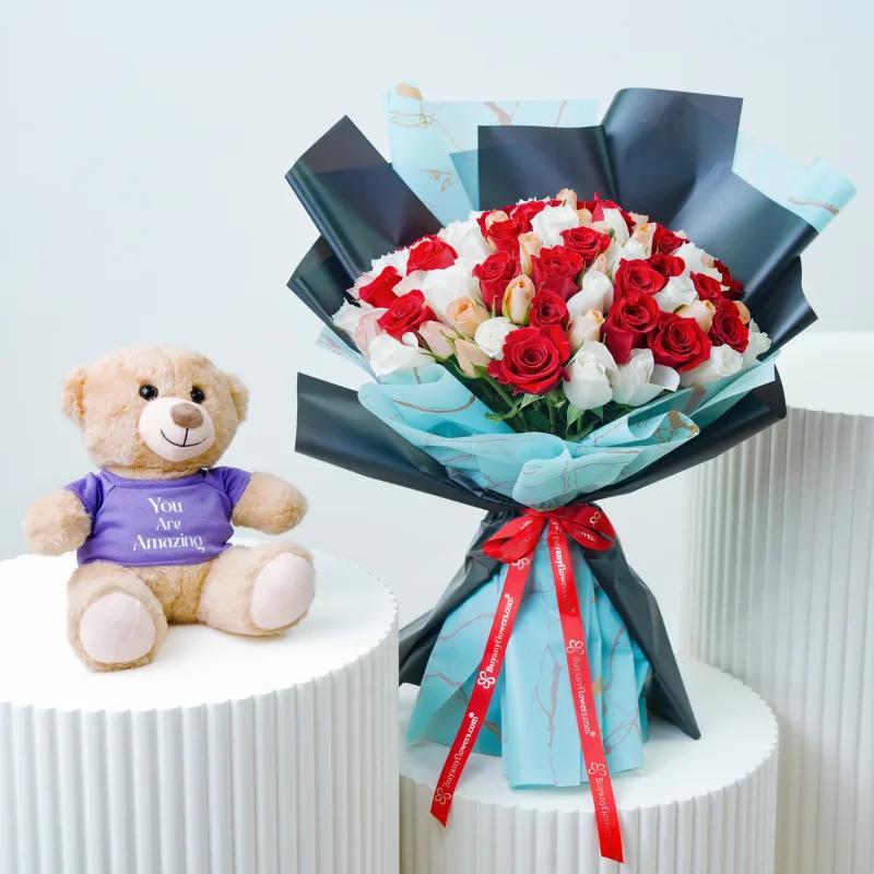 Bold and Beautiful 75 Roses Bouquet With Teddy - Gift Sets gift from Buy Any Flowers Dubai in Al Quoz Industrial Area 4, Dubai, UAE