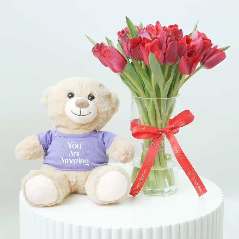 Love 21 Red Tulips Vase With Teddy in Dubai