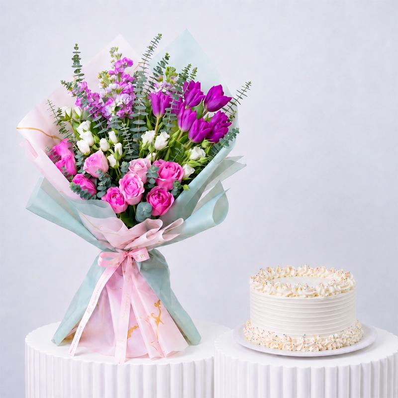 Belle Flower Bouquet with Cake - Gift Sets gift from Buy Any Flowers Dubai in Al Quoz Industrial Area 4, Dubai, UAE