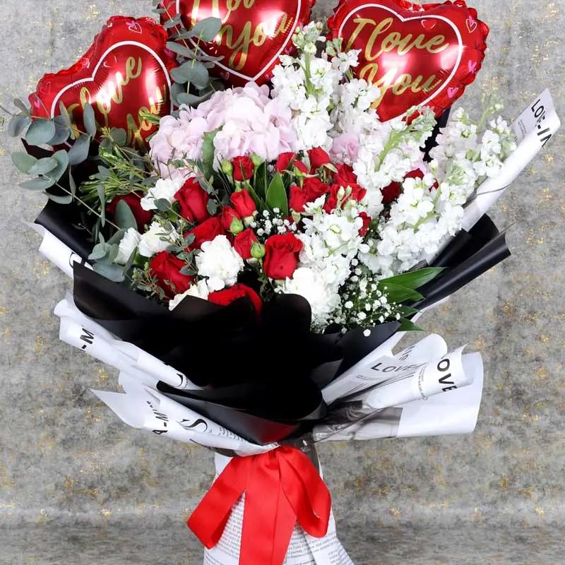 Romantic Flowers and I Love You Balloons Bouquet thumbnail 2