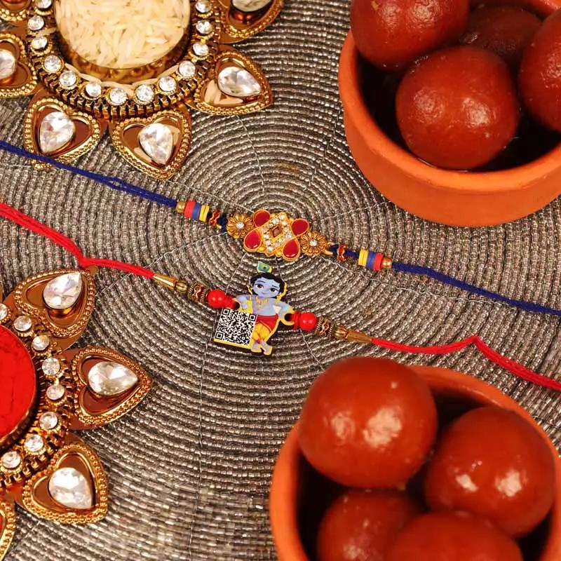 Designer Kundan and Krishna Rakhi with Gulab Jamun Set of 2 in Dubai