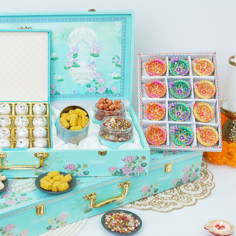 Royal Festive Gift Box with Dry Fruits, Mithai & Diyas – Elegant Blue Hamper thumbnail 3