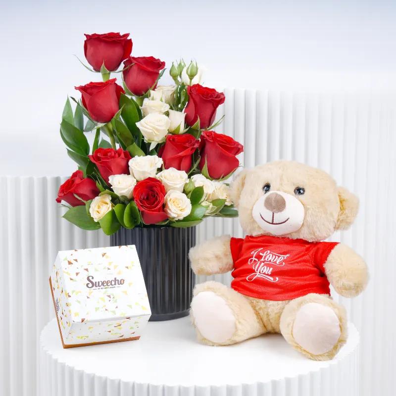 Beauty 11 Red and Peach Roses Arrangement Trio - Gift Sets gift from Buy Any Flowers Dubai in Al Quoz Industrial Area 4, Dubai, UAE
