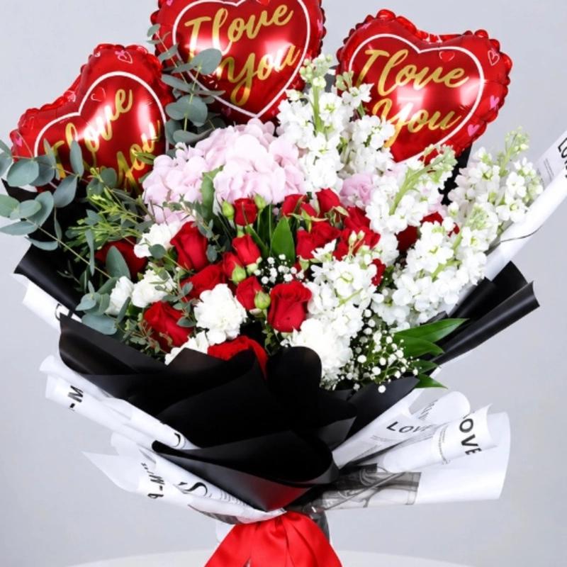 Romantic Flowers and I Love You Balloons Bouquet - Balloons gift from Buy Any Flowers Dubai in Al Quoz Industrial Area 4, Dubai, UAE - image 2