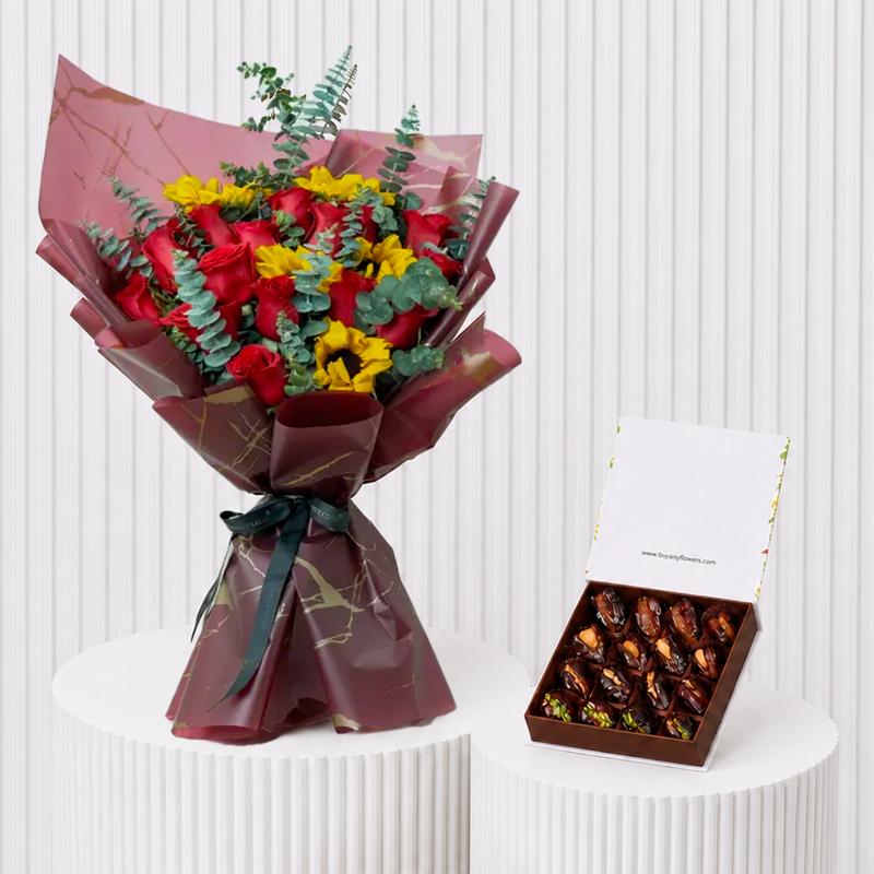 Sunrise Romance and Stuffed Dates - Gift Sets gift from Buy Any Flowers Dubai in Al Quoz Industrial Area 4, Dubai, UAE