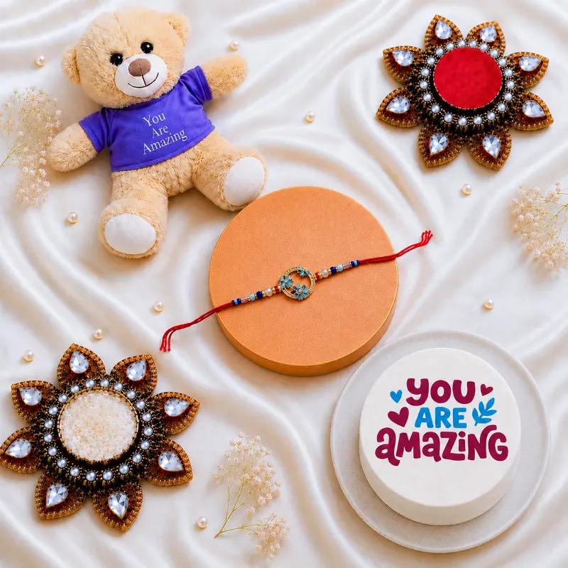 Blue Flower Stone Rakhi With You are Amazing Bento Cake and Teddy in Dubai