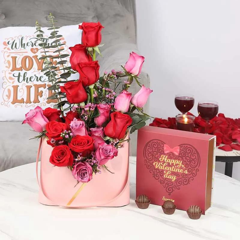 Elegance 19 Roses Box and Valentine Chocolates By Sweecho - Chocolates gift from Buy Any Flowers Dubai in Al Quoz Industrial Area 4, Dubai, UAE