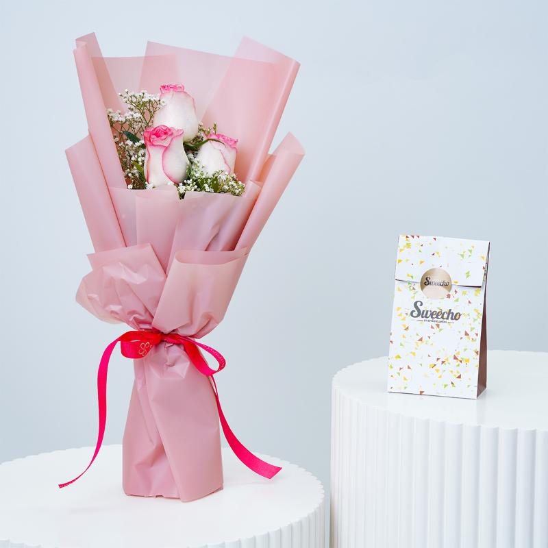 Blooming Pink Roses and Chocolate Combo in Dubai