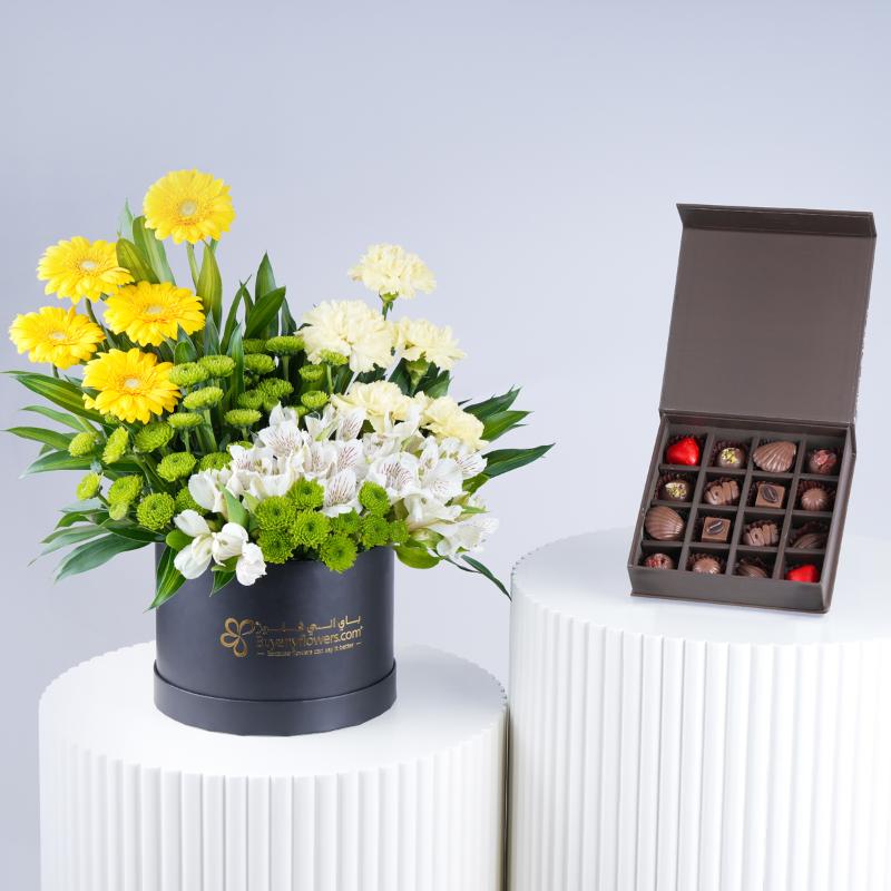 Sunshine Charm Round Box with Chocolates - Gift Sets gift from Buy Any Flowers Dubai in Al Quoz Industrial Area 4, Dubai, UAE