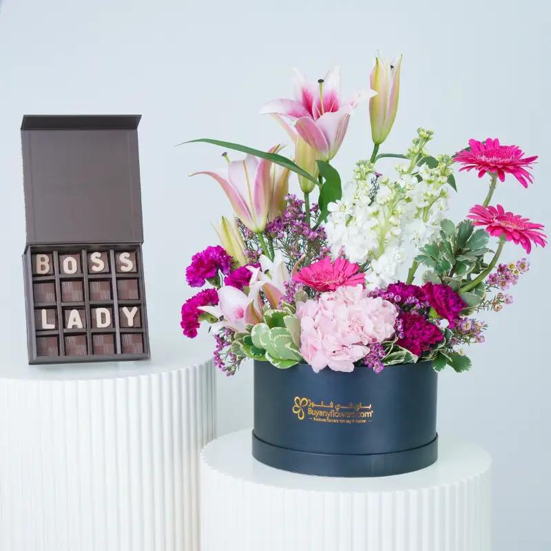 Pink Velvet Bloom Box with Chocolate in Dubai