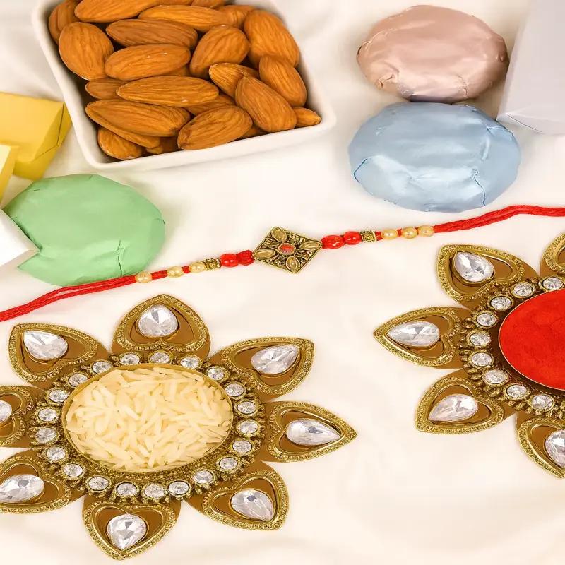 Antique Kundan Rakhi with Almond and Chocolates in Dubai
