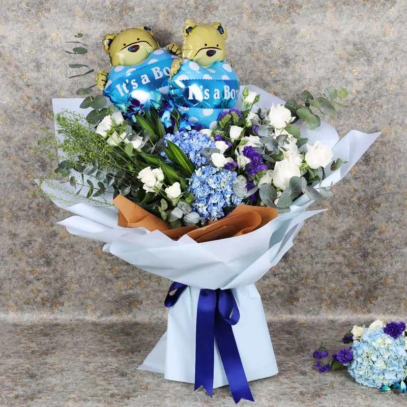 Blue Flowers and Its a Boy Balloons Bouquet in Dubai
