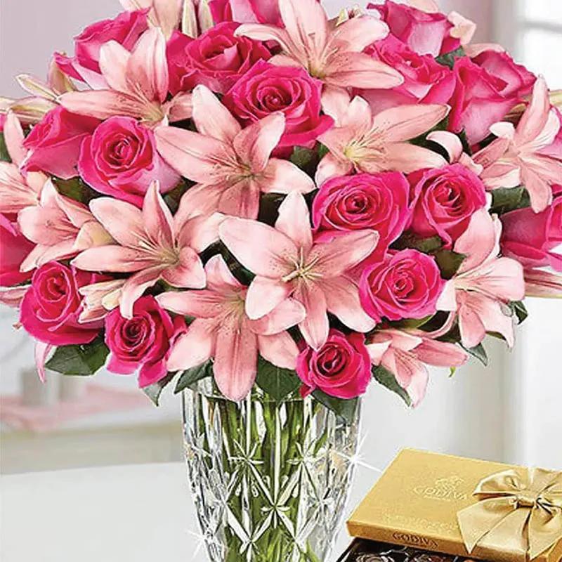 Pink Roses and Lily In Vase with Chocolates thumbnail 2