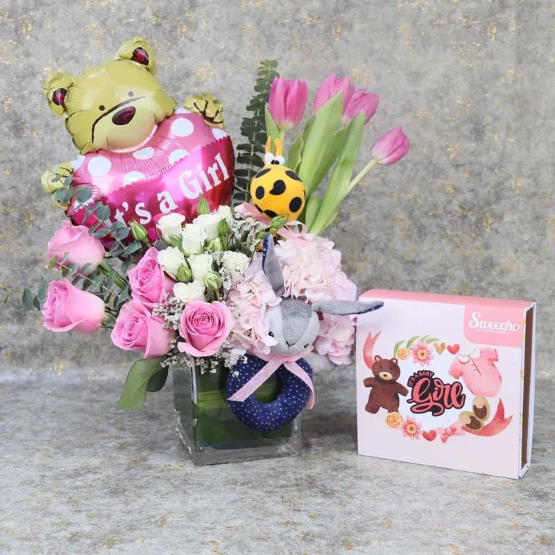 Welcome Baby Girl Flower Vase and Chocolates