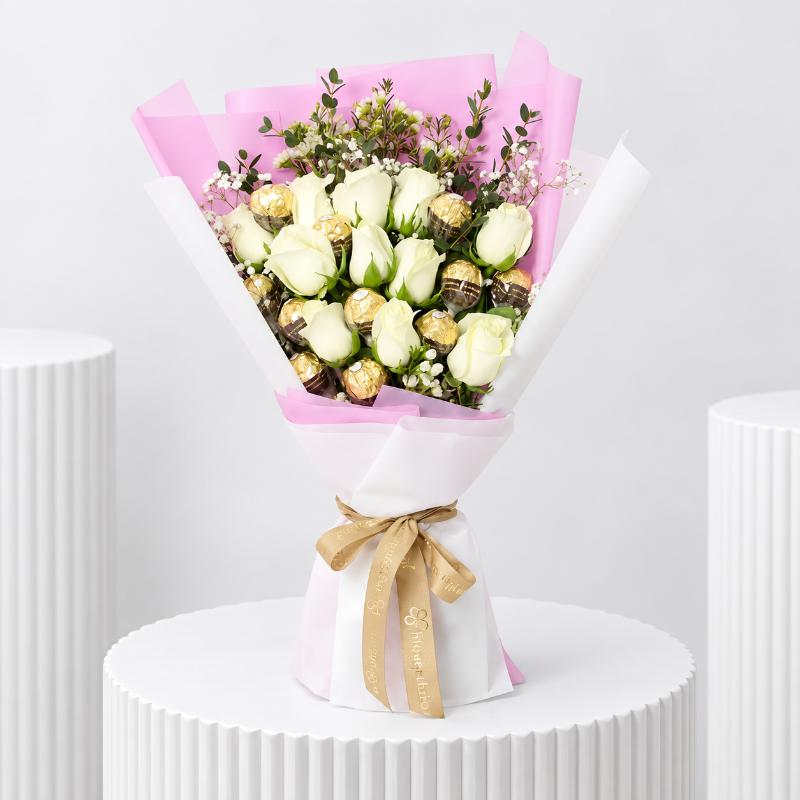 Love 11 White Roses and Ferrero Bouquet - Flowers gift from Buy Any Flowers Dubai in Al Quoz Industrial Area 4, Dubai, UAE