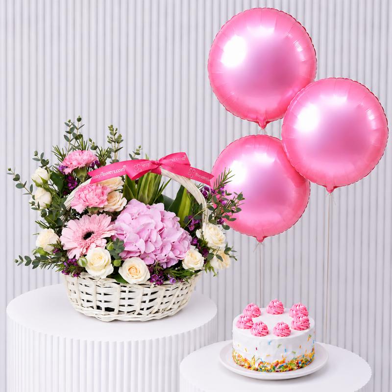 Pink Basket with Cake and Balloons in Dubai