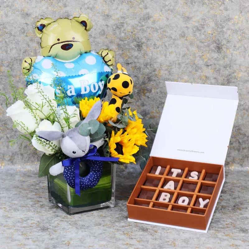 Welcome Baby Boy Flower Vase and Chocolates - Flowers gift from Buy Any Flowers Dubai in Al Quoz Industrial Area 4, Dubai, UAE
