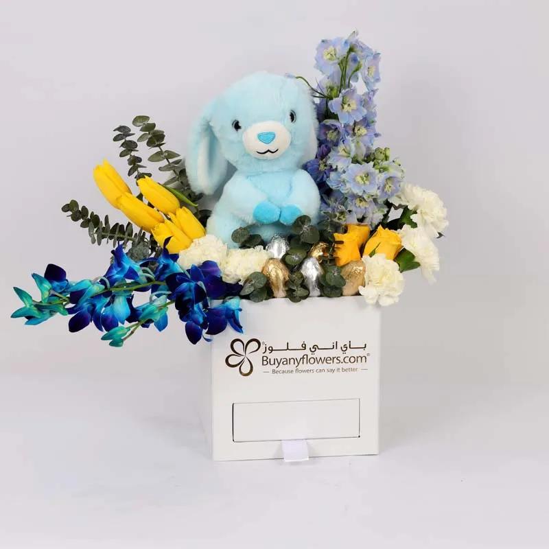 Easter Bunny Eggs and Flower Box Blue - Flowers gift from Buy Any Flowers Dubai in Al Quoz Industrial Area 4, Dubai, UAE
