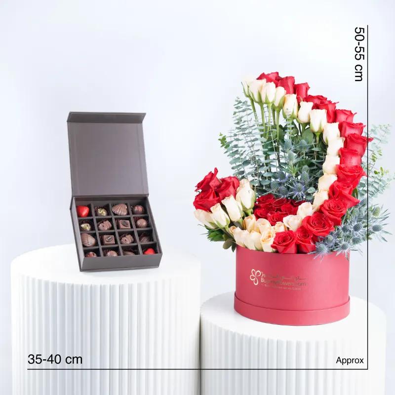 Velvet Blush 65 Roses in Box and Chocolates - Gift Sets gift from Buy Any Flowers Dubai in Al Quoz Industrial Area 4, Dubai, UAE - image 3