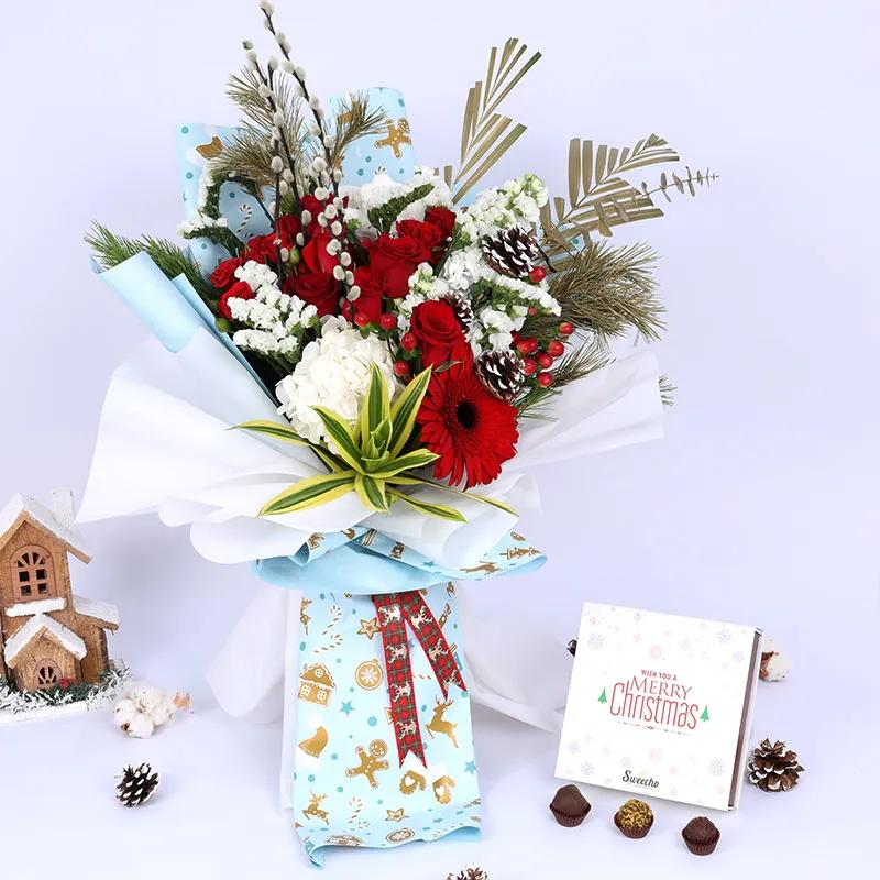 Holiday Greetings Flower Bouquet and Chocolates