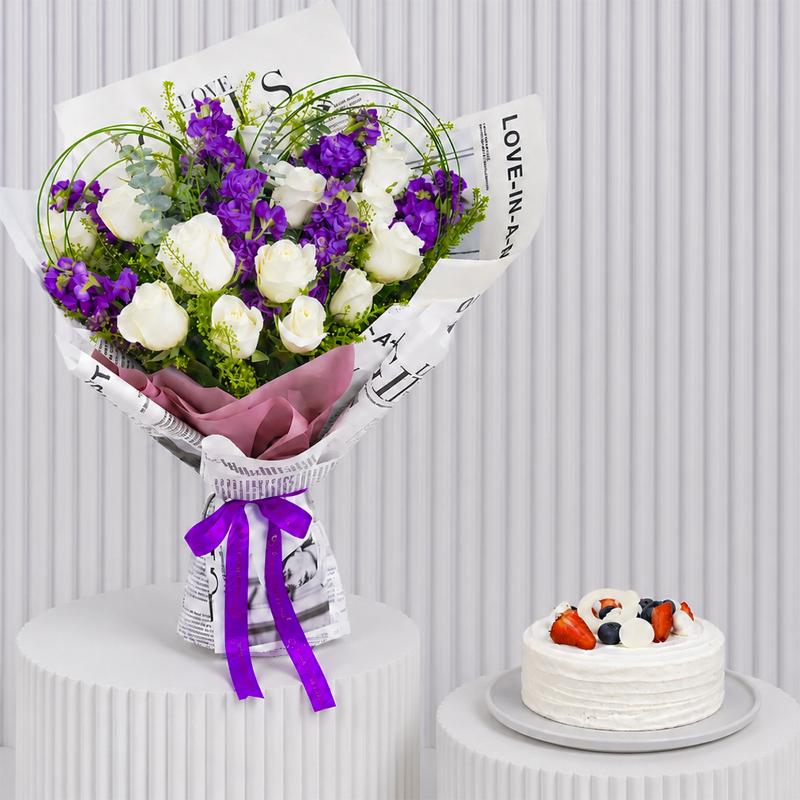 Ivory Violet Bouquet and Cake - Gift Sets gift from Buy Any Flowers Dubai in Al Quoz Industrial Area 4, Dubai, UAE