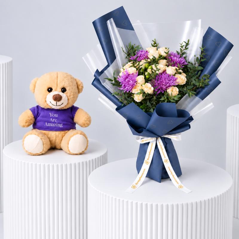 Peach Radiance Flower Bouquet with Teddy - Gift Sets gift from Buy Any Flowers Dubai in Al Quoz Industrial Area 4, Dubai, UAE