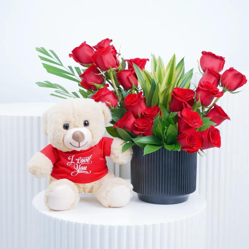 Royal 21 Red Roses Arrangement with Teddy in Dubai