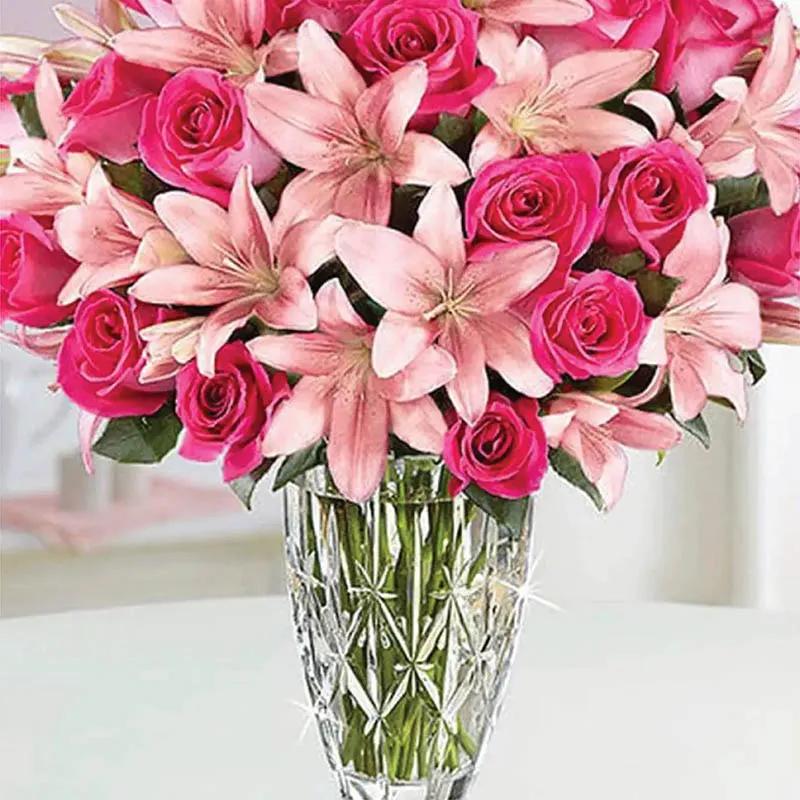 Pink Roses and Lily In Vase thumbnail 3