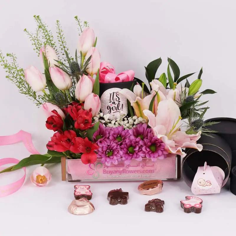 Its a Girl Floral and Chocolate Arrangement in Dubai