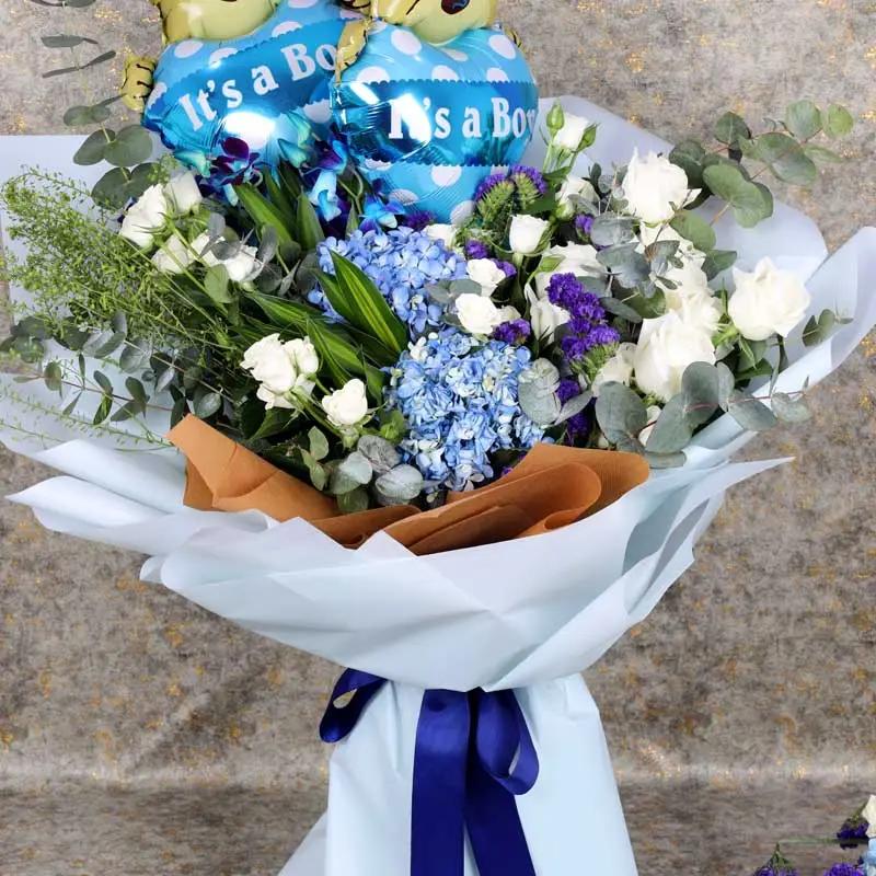 Blue Flowers and Its a Boy Balloons Bouquet - Balloons gift from Buy Any Flowers Dubai in Al Quoz Industrial Area 4, Dubai, UAE - image 2