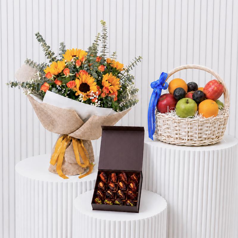 Citrus Sunflowers with Dates and Fruit Basket - Gift Sets gift from Buy Any Flowers Dubai in Al Quoz Industrial Area 4, Dubai, UAE