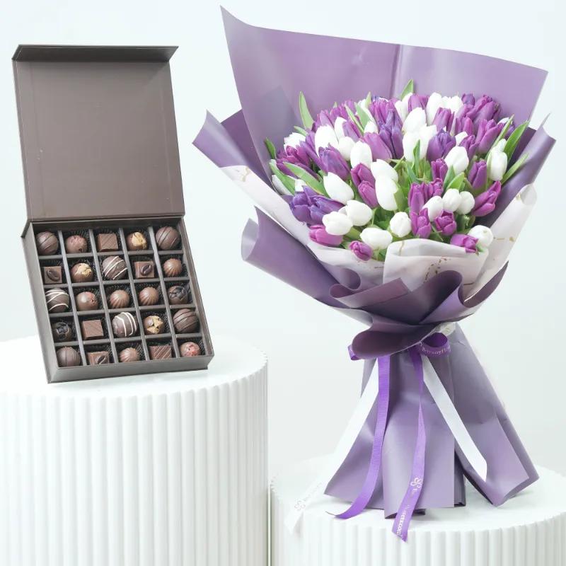 Purple and White Beauty 101 Tulips Bouquet With Chocolate - Gift Sets gift from Buy Any Flowers Dubai in Al Quoz Industrial Area 4, Dubai, UAE