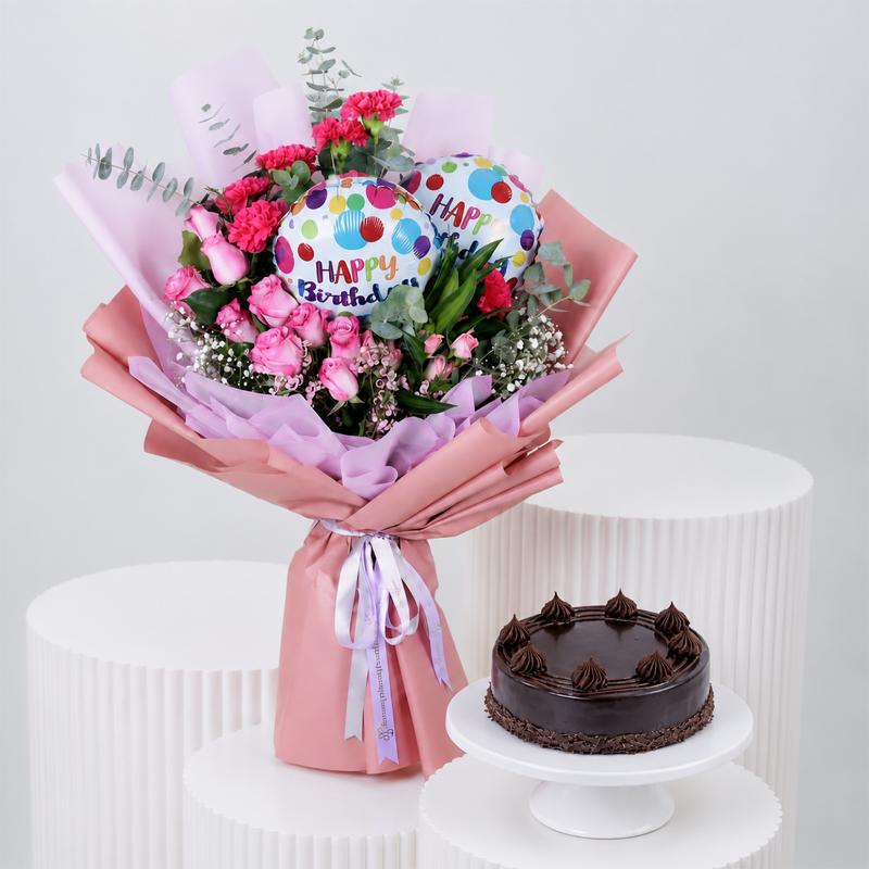 Birthday Mauve Flowers and Chocolate Cake - Gift Sets gift from Buy Any Flowers Dubai in Al Quoz Industrial Area 4, Dubai, UAE
