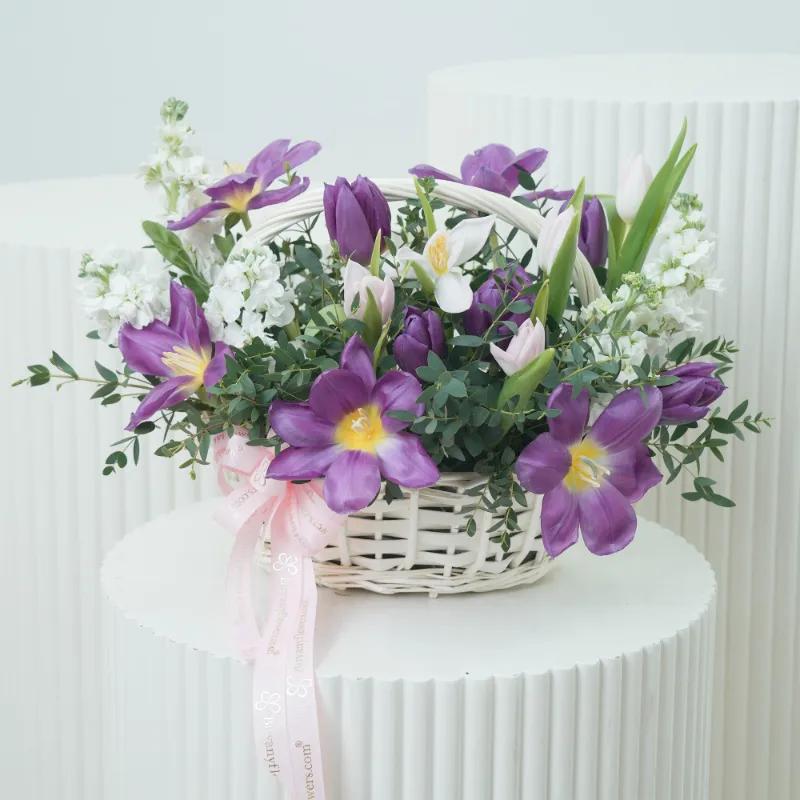 Elegant Purple And White Tulip Basket - Flowers gift from Buy Any Flowers Dubai in Al Quoz Industrial Area 4, Dubai, UAE