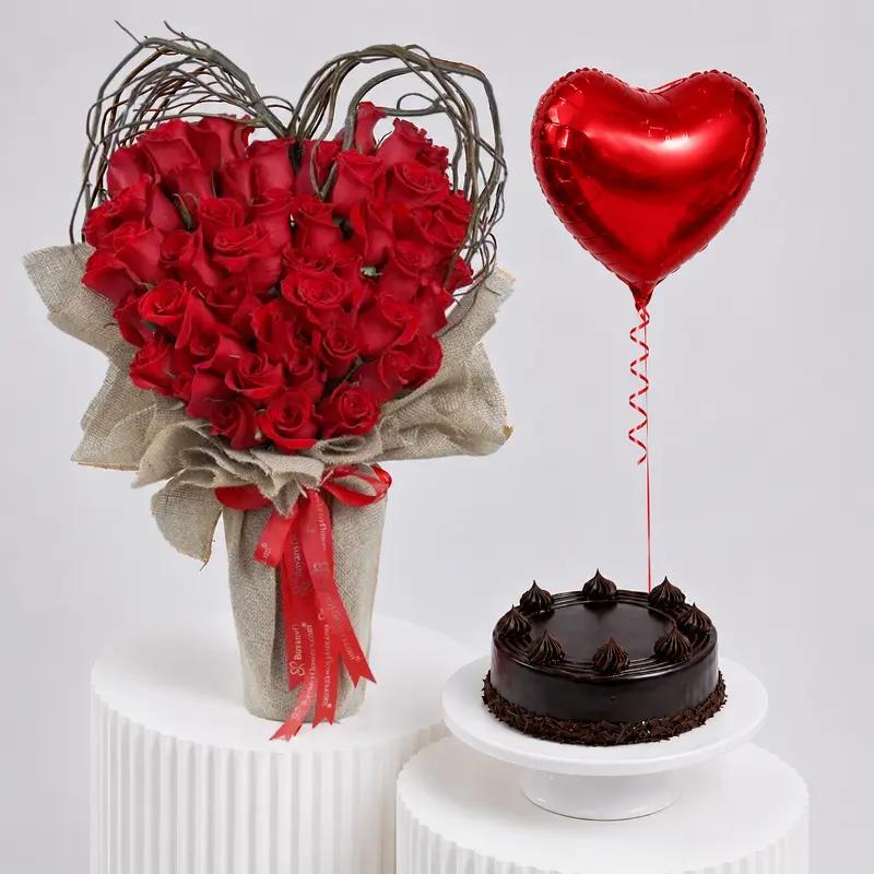 Heart Red Roses with Cake and Balloon - Gift Sets gift from Buy Any Flowers Dubai in Al Quoz Industrial Area 4, Dubai, UAE