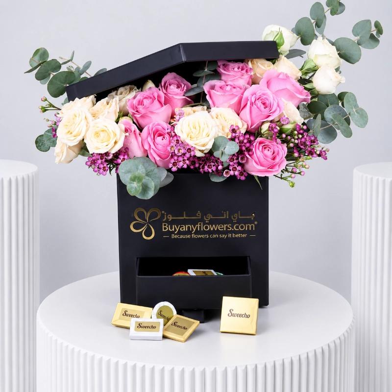 Sweet Celebration Flower Box and Chocolates - Flowers gift from Buy Any Flowers Dubai in Al Quoz Industrial Area 4, Dubai, UAE
