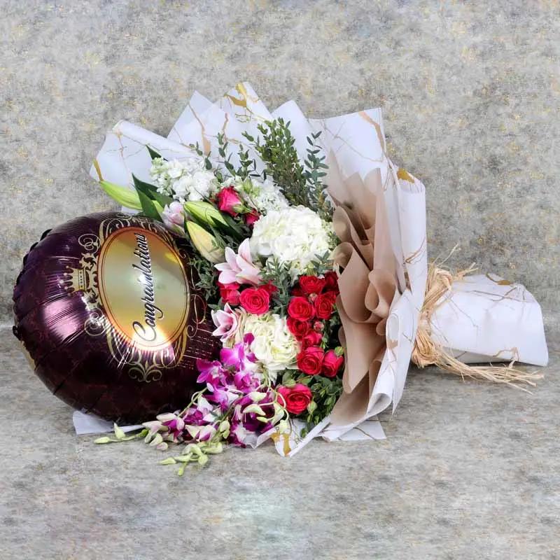 Elegant Flowers and Congratulations Balloon Bouquet thumbnail 4