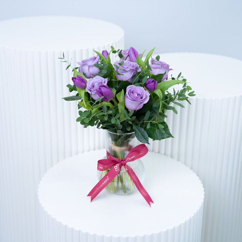 Mauve 11 Roses and Tulips in Vase 1