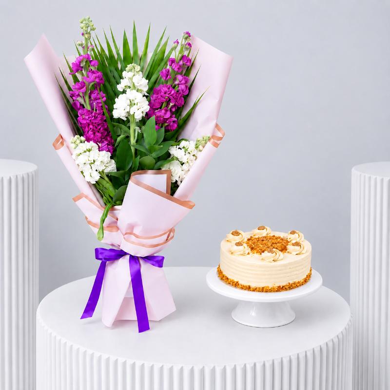 Purple and White Matthiola Bouquet With Cake - Gift Sets gift from Buy Any Flowers Dubai in Al Quoz Industrial Area 4, Dubai, UAE