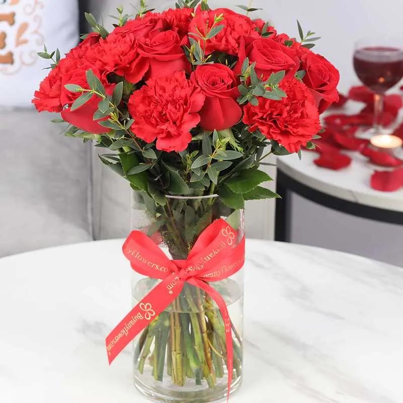 Love 21 Red Roses and Carnations in Vase thumbnail 2