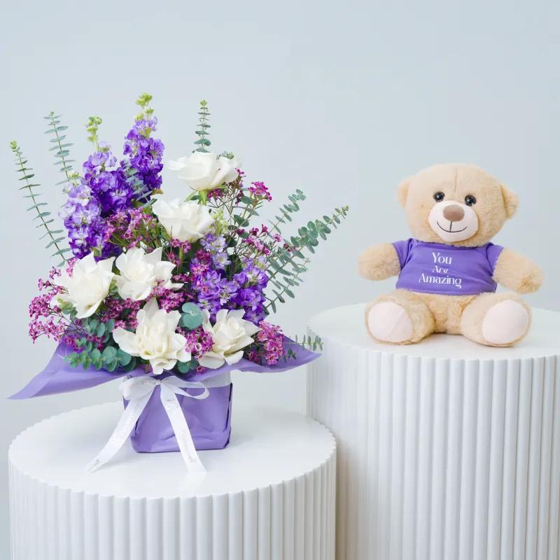 Purple Bloom Vase With Teddy - Gift Sets gift from Buy Any Flowers Dubai in Al Quoz Industrial Area 4, Dubai, UAE