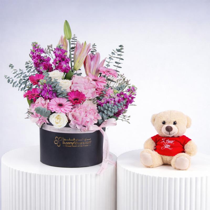 Pastel Whisper Flower Box and Teddy - Gift Sets gift from Buy Any Flowers Dubai in Al Quoz Industrial Area 4, Dubai, UAE