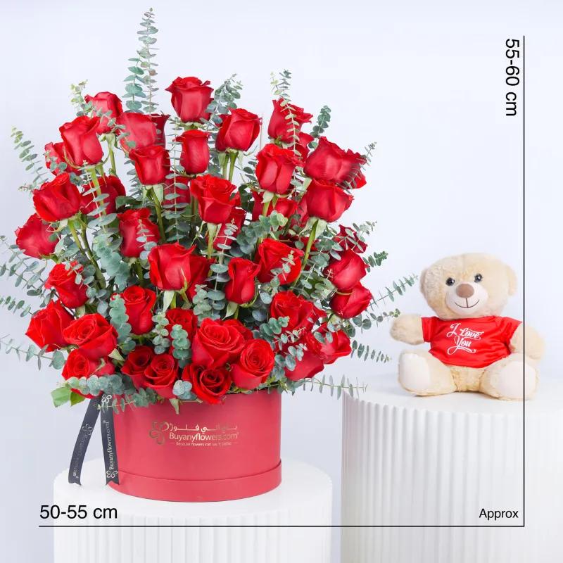 Scarlet Grandeur 51 Red Roses Signature Box and Teddy - Gift Sets gift from Buy Any Flowers Dubai in Al Quoz Industrial Area 4, Dubai, UAE - image 3