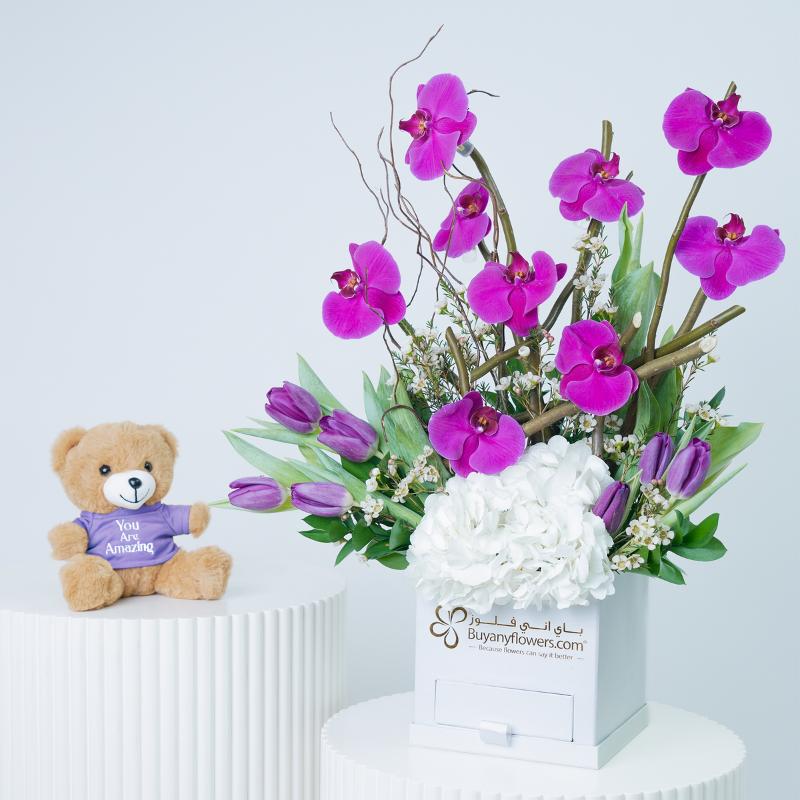 Mauve Grace Flower Box With Teddy - Gift Sets gift from Buy Any Flowers Dubai in Al Quoz Industrial Area 4, Dubai, UAE