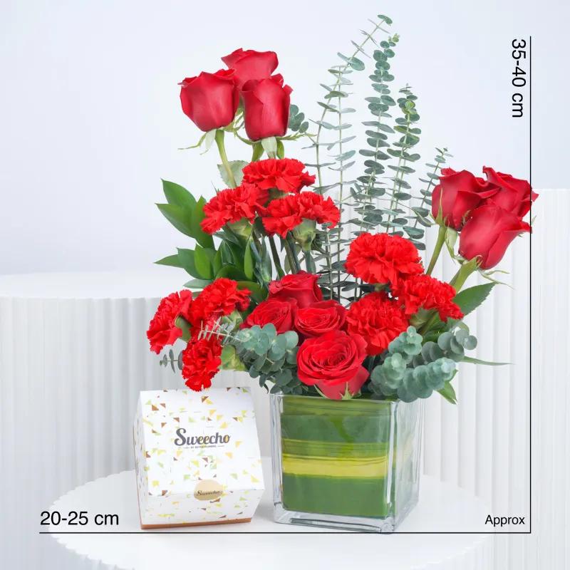 Eternal Red Roses and Carnations in Vase with Chocolates - Gift Sets gift from Buy Any Flowers Dubai in Al Quoz Industrial Area 4, Dubai, UAE - image 3