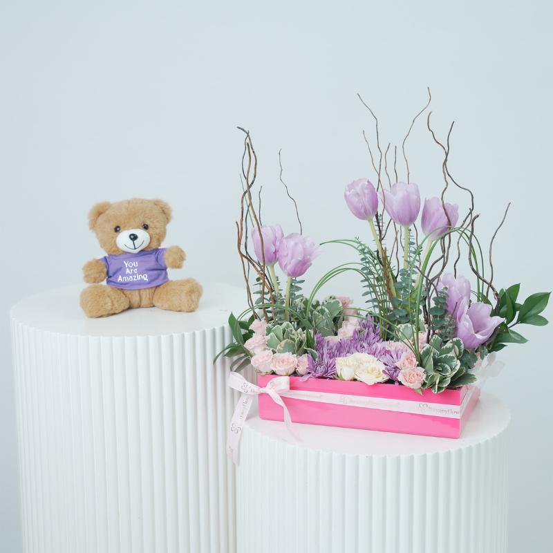 Lilac Charm Flower Arrangement With Teddy in Dubai