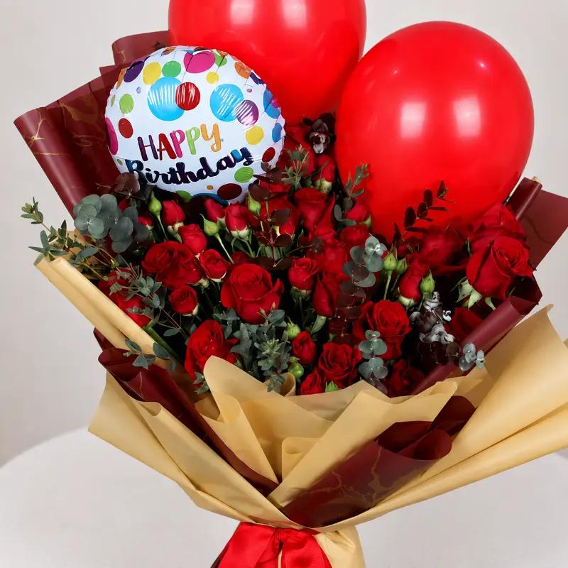 Ruby Red Roses and Birthday Balloons Bouquet - Balloons gift from Buy Any Flowers Dubai in Al Quoz Industrial Area 4, Dubai, UAE - image 2